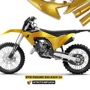 UFO KOMPLET PLASTIKÓW (FULL KIT) Z OSŁONAMI TELESKOPÓW (AMORTYZATORÓW) KTM EXC 150 / 250 / 300 TBI '24-'25, EXC-F 250 / 350 / 450 / 500 '24-'25 KOLOR ZŁOTY - WYPRZEDAŻ