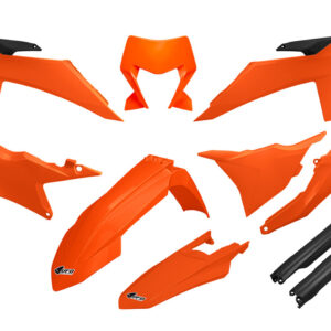 UFO KOMPLET PLASTIKÓW (FULL KIT) Z OSŁONAMI TELESKOPÓW (AMORTYZATORÓW) KTM EXC 150 / 250 / 300 TBI '24-'25, EXC-F 250 / 350 / 450 / 500 '24-'25 KOLOR OEM '25 ( POMARAŃCZOWY / CZARNY )