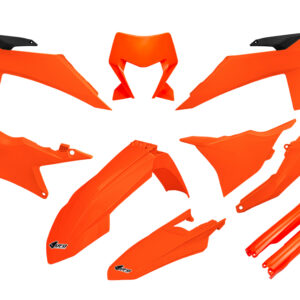 UFO KOMPLET PLASTIKÓW (FULL KIT) Z OSŁONAMI TELESKOPÓW (AMORTYZATORÓW) KTM EXC 150 / 250 / 300 TBI '24-'25, EXC-F 250 / 350 / 450 / 500 '24-'25 KOLOR POMARAŃCZOWY FLUO
