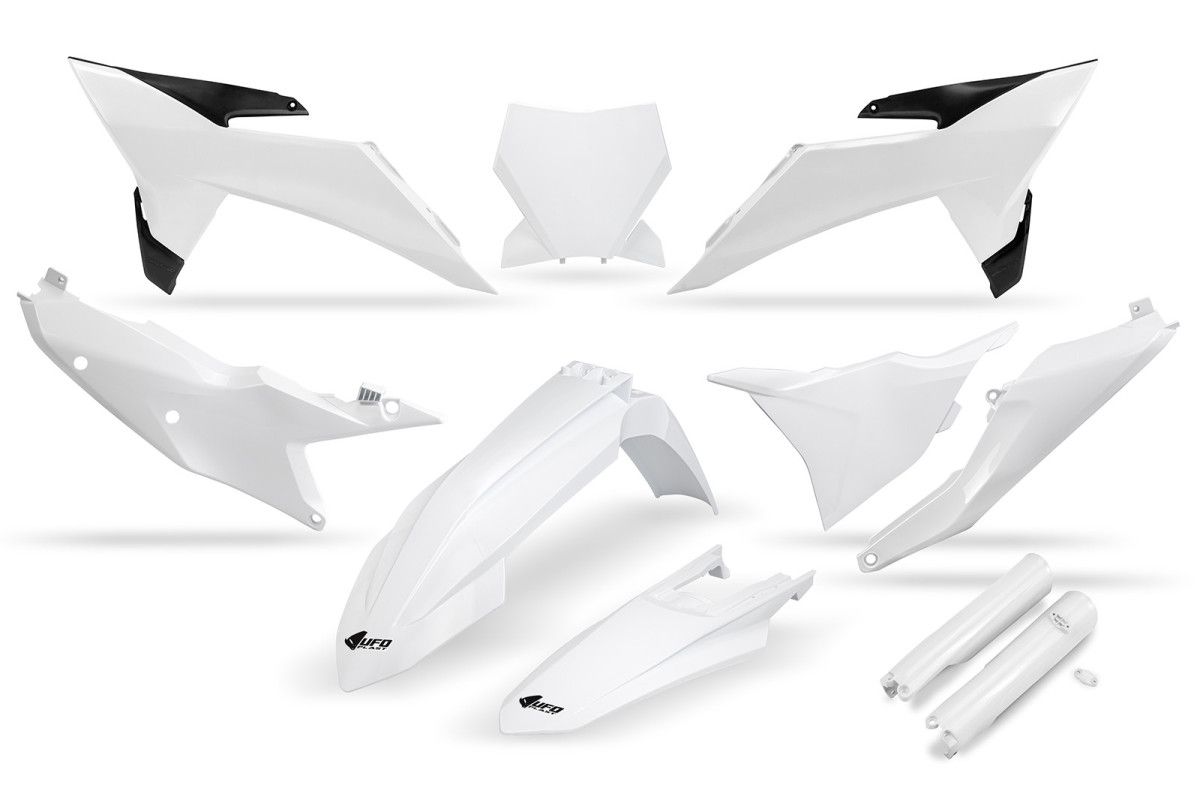 UFO KOMPLET PLASTIKÓW (FULL KIT) Z OSŁONAMI TELESKOPÓW (AMORTYZATORÓW) KTM SX 125 / 150 / 250 / 300 '25-'26, SXF (SX-F) 250 / 350 / 450 '25-'26 KOLOR BIAŁY