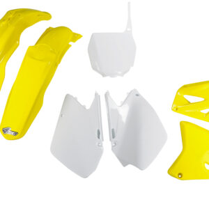 UFO KOMPLET PLASTIKÓW (FULL KIT) Z OSŁONAMI TELESKOPÓW (AMORTYZATORÓW) SUZUKI RM 125 / 250 '06-'24 KOLOR OEM ( BIAŁY / ŻÓŁTY )