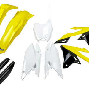 UFO KOMPLET PLASTIKÓW (FULL KIT) Z OSŁONAMI TELESKOPÓW (AMORTYZATORÓW) SUZUKI RMZ 250 '19-'25, RMZ 450 '18-'25 KOLOR OEM ( ŻÓŁTY / BIAŁY / CZARNY )