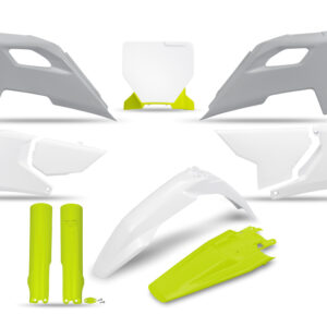 UFO KOMPLET PLASTIKÓW (FULL KIT) Z OSŁONAMI TELESKOPÓW (AMORTYZATORÓW) HUSQVARNA TC 125 / 250 '23-'24, FC 250 / 350 / 450 '23-'24, FX 350 / 450 '23-'24, TX 300 '24, KOLOR OEM '24 ( BIAŁY / ŻÓŁTY ) (PRZEDŁUŻONA TABLICA NA NUMER STARTOWY)