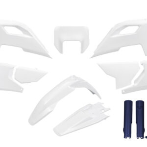 UFO KOMPLET PLASTIKÓW (FULL KIT) Z OSŁONAMI TELESKOPÓW (AMORTYZATORÓW) HUSQVARNA TE 150 / 250 / 300 '24-'25, FE 250 / 350 / 450 / 501 '24-'25 KOLOR OEM '25 BIAŁY / NIEBIESKI