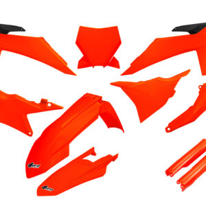 UFO KOMPLET PLASTIKÓW (FULL KIT) Z OSŁONAMI TELESKOPÓW (AMORTYZATORÓW) KTM SX 125 / 250 / 300 TBI '23-'24, SX-F 250 / 350 / 450 '23-'24 KOLOR POMARAŃCZOWY FLUO