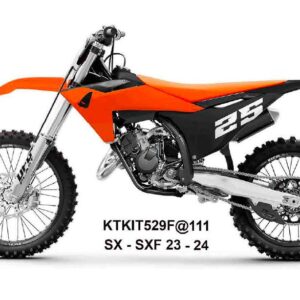 UFO 2025/11 KOMPLET PLASTIKÓW (FULL KIT) Z OSŁONAMI TELESKOPÓW (AMORTYZATORÓW) KTM SX 125 / 250 / 300 TBI '23-'24, SX-F 250 / 350 / 450 '23-'24 KOLOR POMARAŃCZOWY / CZARNY / BIAŁY