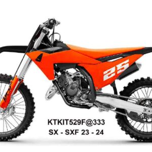 UFO 2025/11 KOMPLET PLASTIKÓW (FULL KIT) Z OSŁONAMI TELESKOPÓW (AMORTYZATORÓW) KTM SX 125 / 250 / 300 TBI '23-'24, SX-F 250 / 350 / 450 '23-'24 KOLOR POMARAŃCZOWY / CZARNY