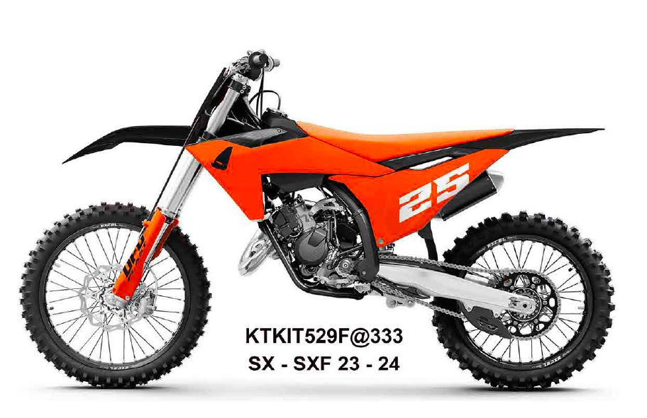 UFO 2025/11 KOMPLET PLASTIKÓW (FULL KIT) Z OSŁONAMI TELESKOPÓW (AMORTYZATORÓW) KTM SX 125 / 250 / 300 TBI '23-'24, SX-F 250 / 350 / 450 '23-'24 KOLOR POMARAŃCZOWY / CZARNY