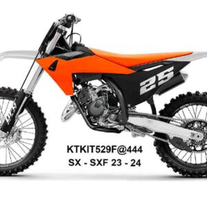 UFO 2025/11 KOMPLET PLASTIKÓW (FULL KIT) Z OSŁONAMI TELESKOPÓW (AMORTYZATORÓW) KTM SX 125 / 250 / 300 TBI '23-'24, SX-F 250 / 350 / 450 '23-'24 KOLOR CZARNY / POMARAŃCZOWY / BIAŁY