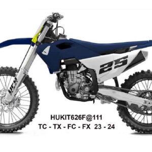 UFO 2025/11 KOMPLET PLASTIKÓW (FULL KIT) Z OSŁONAMI TELESKOPÓW (AMORTYZATORÓW) HUSQVARNA TC 125 / 250 '23-'24, FC 250 / 350 / 450 '23-'24, FX 350 / 450 '23-'24, TX 300 '24, KOLOR GRANATOWY / BIAŁY