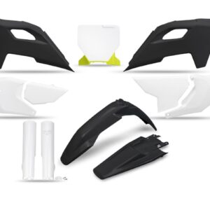 UFO 2025/11 KOMPLET PLASTIKÓW (FULL KIT) Z OSŁONAMI TELESKOPÓW (AMORTYZATORÓW) HUSQVARNA TC 125 / 250 '23-'24, FC 250 / 350 / 450 '23-'24, FX 350 / 450 '23-'24, TX 300 '24, KOLOR CZARNY / BIAŁY