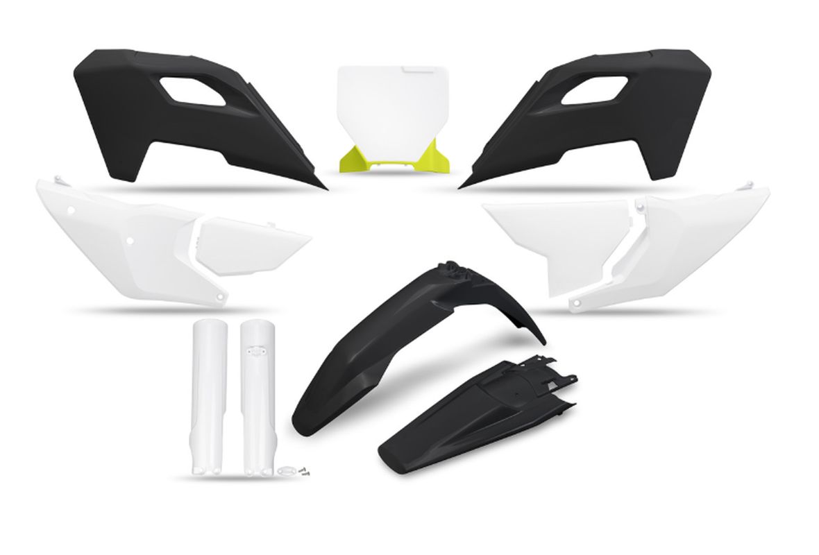 UFO 2025/11 KOMPLET PLASTIKÓW (FULL KIT) Z OSŁONAMI TELESKOPÓW (AMORTYZATORÓW) HUSQVARNA TC 125 / 250 '23-'24, FC 250 / 350 / 450 '23-'24, FX 350 / 450 '23-'24, TX 300 '24, KOLOR CZARNY / BIAŁY