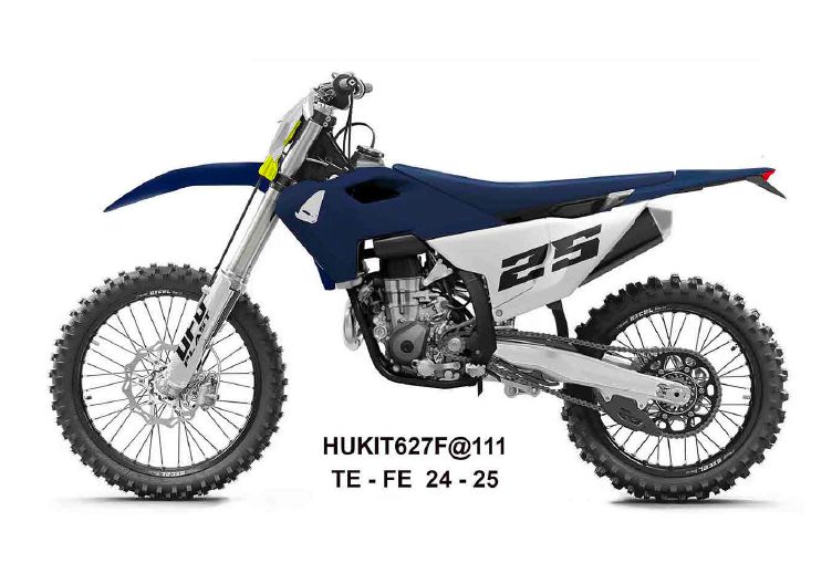 UFO 2025/11 KOMPLET PLASTIKÓW (FULL KIT) Z OSŁONAMI TELESKOPÓW (AMORTYZATORÓW) HUSQVARNA TE 150 / 250 / 300 '24-'25, FE 250 / 350 / 450 / 501 '24-'25 KOLOR GRANATOWY / BIAŁY