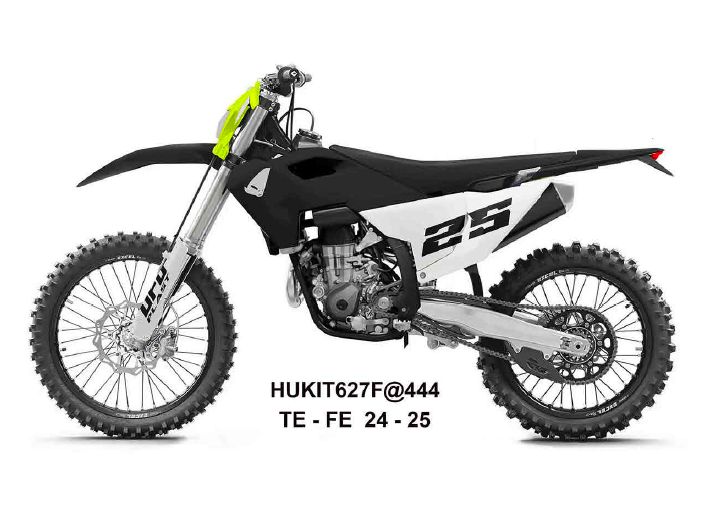 UFO 2025/11 KOMPLET PLASTIKÓW (FULL KIT) Z OSŁONAMI TELESKOPÓW (AMORTYZATORÓW) HUSQVARNA TE 150 / 250 / 300 '24-'25, FE 250 / 350 / 450 / 501 '24-'25 KOLOR CZARNY / BIAŁY
