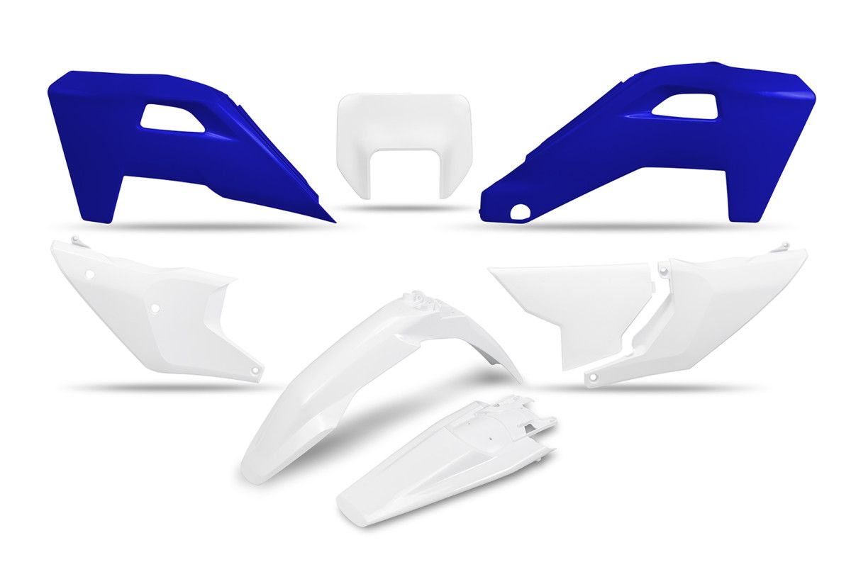 UFO 2025/11 KOMPLET PLASTIKÓW HUSQVARNA FE 250 / 350 / 450 / 501 '25-'26, TE 250 / 300 HERITAGE '25-'26 KOLOR BIAŁY / NIEBIESKI