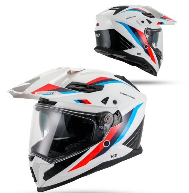 UFO 2026/01 KASK COSMOS OFFROAD / DUAL / TOURER / CROSSOVER Z SZYBĄ, DASZKIEM I BLENDĄ PRZECIWSŁONECZNĄ KOLOR BIAŁY/CZERWONY ROZMIAR L ( ECE 22R06 ) - KOLEKCJA 2026
