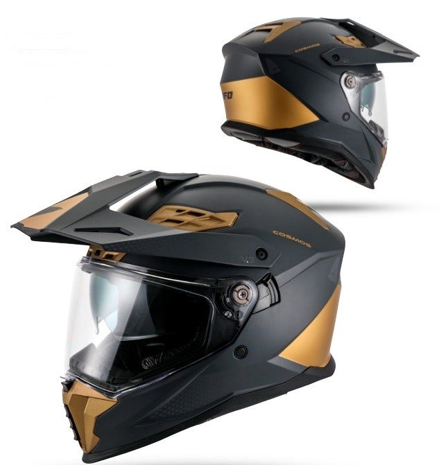 UFO 2026/01 KASK COSMOS OFFROAD / DUAL / TOURER / CROSSOVER Z SZYBĄ, DASZKIEM I BLENDĄ PRZECIWSŁONECZNĄ KOLOR CZARNY/ZŁOTY ROZMIAR L ( ECE 22R06 ) - KOLEKCJA 2026
