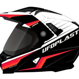 UFO KASK ARIES OFFROAD / DUAL / TOURER / CROSSOVER Z SZYBĄ, DASZKIEM I BLENDĄ PRZECIWSŁONECZNĄ KOLOR CZARNY/BIAŁY/CZERWONY FLUO ROZMIAR L ( ECE 22R06 )