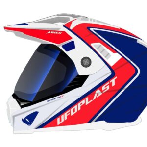 UFO KASK ARIES OFFROAD / DUAL / TOURER / CROSSOVER Z SZYBĄ, DASZKIEM I BLENDĄ PRZECIWSŁONECZNĄ KOLOR BIAŁY/CZERWONY/NIEBIESKI ROZMIAR S ( ECE 22R06 )