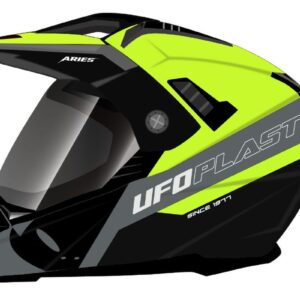 UFO KASK ARIES OFFROAD / DUAL / TOURER / CROSSOVER Z SZYBĄ, DASZKIEM I BLENDĄ PRZECIWSŁONECZNĄ KOLOR CZARNY/SZARY/ŻÓŁTY FLUO ROZMIAR L ( ECE 22R06 )