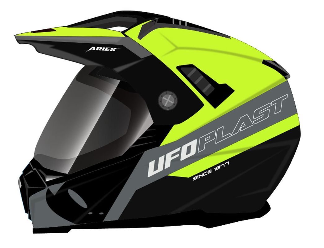 UFO KASK ARIES OFFROAD / DUAL / TOURER / CROSSOVER Z SZYBĄ, DASZKIEM I BLENDĄ PRZECIWSŁONECZNĄ KOLOR CZARNY/SZARY/ŻÓŁTY FLUO ROZMIAR L ( ECE 22R06 )