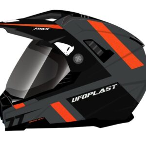 UFO KASK ARIES OFFROAD / DUAL / TOURER / CROSSOVER Z SZYBĄ, DASZKIEM I BLENDĄ PRZECIWSŁONECZNĄ KOLOR CZARNY/SZARY/CZERWONY FLUO ROZMIAR S ( ECE 22R06 )