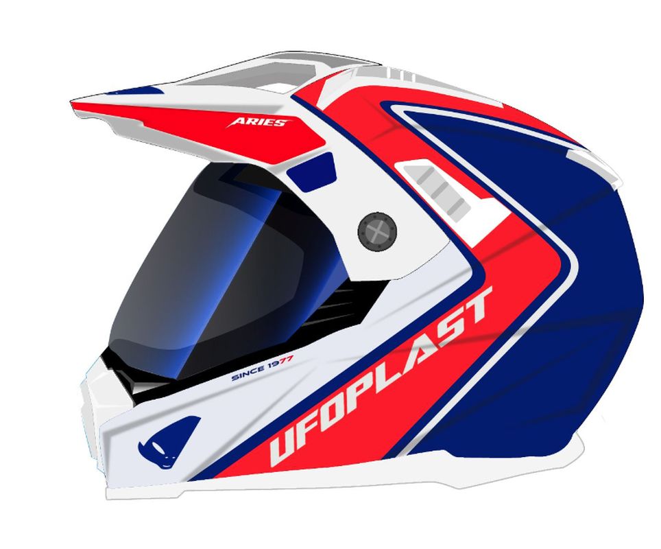 UFO KASK ARIES OFFROAD / DUAL / TOURER / CROSSOVER Z SZYBĄ, DASZKIEM I BLENDĄ PRZECIWSŁONECZNĄ KOLOR BIAŁY/CZERWONY/NIEBIESKI ROZMIAR L ( ECE 22R06 )