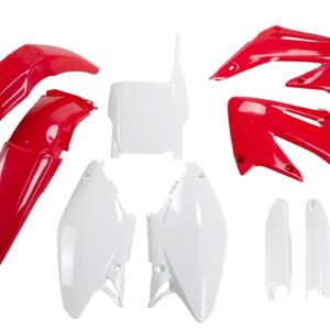 UFO KOMPLET PLASTIKÓW (FULL KIT) Z OSŁONAMI TELESKOPÓW (AMORTYZATORÓW) HONDA CR 125/250 '04-'07 KOLOR OEM (CZERWONY/BIAŁY) (HO103E999)
