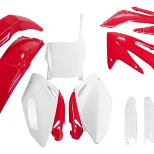 UFO KOMPLET PLASTIKÓW (FULL KIT) Z OSŁONAMI TELESKOPÓW (AMORTYZATORÓW) HONDA CRF 250R '04-'05 KOLOR OEM (CZERWONY/BIAŁY) (HO104E999)