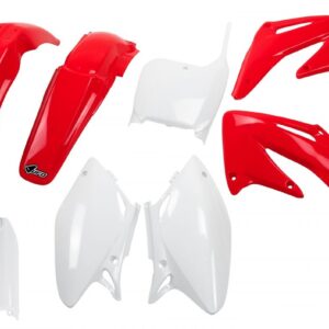 UFO KOMPLET PLASTIKÓW (FULL KIT) Z OSŁONAMI TELESKOPÓW (AMORTYZATORÓW) HONDA CRF 450 R '02-'03 KOLOR OEM (CZERWONY/BIAŁY) (HO106E999)