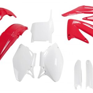 UFO KOMPLET PLASTIKÓW (FULL KIT) Z OSŁONAMI TELESKOPÓW (AMORTYZATORÓW) HONDA CRF 450 R '04 KOLOR OEM (CZERWONY/BIAŁY) (HO107E999)