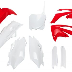 UFO KOMPLET PLASTIKÓW (FULL KIT) Z OSŁONAMI TELESKOPÓW (AMORTYZATORÓW) HONDA CRF 250R '11-'13, CRF 450R '11-'12 KOLOR OEM (CZERWONY/BIAŁY) (HO115E999)