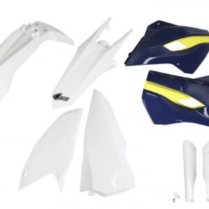 UFO KOMPLET PLASTIKÓW (FULL KIT) Z OSŁONAMI TELESKOPÓW (AMORTYZATORÓW) HUSQVARNA TE/FE 125/250/300/350/450 '15-'16 KOLOR OEM '15 (BIAŁY/ŻÓŁTY) (HU615E999)