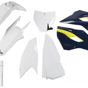 UFO KOMPLET PLASTIKÓW (FULL KIT) Z OSŁONAMI TELESKOPÓW (AMORTYZATORÓW) HUSQVARNA TC 250 '16, KOLOR OEM (BIAŁY/NIEBIESKI) (HU617E999)