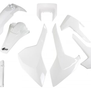 UFO KOMPLET PLASTIKÓW (FULL KIT) Z OSŁONAMI TELESKOPÓW (AMORTYZATORÓW) HUSQVARNA TX/TE/FE '17-'19 Z OSŁONĄ LAMPY KOLOR BIAŁY (HU621E041)