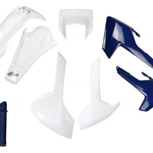 UFO KOMPLET PLASTIKÓW (FULL KIT) Z OSŁONAMI TELESKOPÓW (AMORTYZATORÓW) HUSQVARNA TX/TE/FE '17-'19 Z OSŁONĄ LAMPY KOLOR OEM (BIAŁY/NIEBIESKI) (HU621E999)
