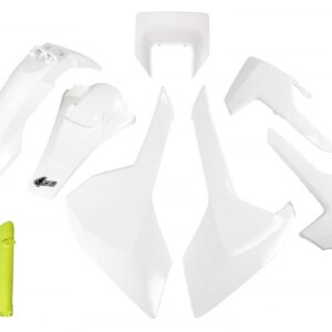 UFO KOMPLET PLASTIKÓW (FULL KIT) Z OSŁONAMI TELESKOPÓW (AMORTYZATORÓW) HUSQVARNA TX/TE/FE '17-'19 Z OSŁONĄ LAMPY KOLOR OEM (BIAŁY) (HU621E999W)