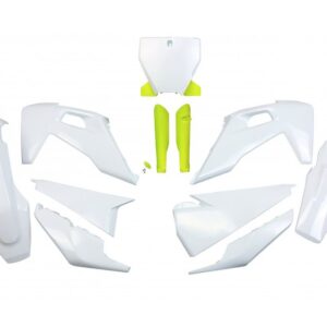 UFO KOMPLET PLASTIKÓW (FULL KIT) Z OSŁONAMI TELESKOPÓW (AMORTYZATORÓW) HUSQVARNA TC 125/250 '19-'22, FC 250/350/450 '19-'22 KOLOR OEM (BIAŁY) (HU622E999)