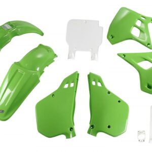UFO KOMPLET PLASTIKÓW (FULL KIT) Z OSŁONAMI TELESKOPÓW (AMORTYZATORÓW) KAWASAKI KX 250 '90-'91, KOLOR OEM (ZIELONY/BIAŁY) (KA188E999)