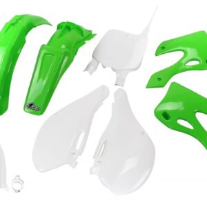 UFO KOMPLET PLASTIKÓW (FULL KIT) Z OSŁONAMI TELESKOPÓW (AMORTYZATORÓW) KAWASAKI KX 125 / 250 '99-'02 KOLOR OEM (ZIELONY/BIAŁY) (KA200E999)