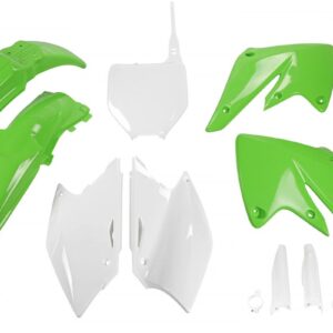 UFO KOMPLET PLASTIKÓW (FULL KIT) Z OSŁONAMI TELESKOPÓW (AMORTYZATORÓW) KAWASAKI KXF 250 '04-'05 KOLOR OEM (ZIELONY/BIAŁY) (KA203E999)