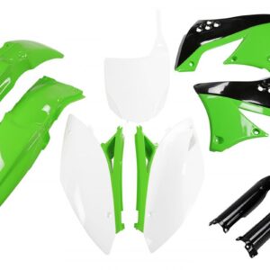 UFO KOMPLET PLASTIKÓW (FULL KIT) Z OSŁONAMI TELESKOPÓW (AMORTYZATORÓW) KAWASAKI KXF 450 '09-'11 KOLOR OEM '10-'11 (ZIELONY/BIAŁY/CZARNY) (KA216E999)
