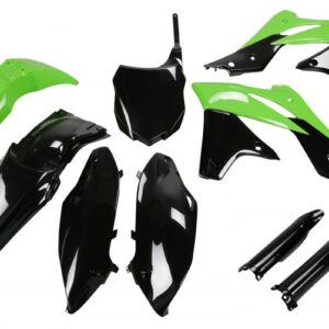 UFO KOMPLET PLASTIKÓW (FULL KIT) Z OSŁONAMI TELESKOPÓW (AMORTYZATORÓW) KAWASAKI KXF 250 '13 KOLOR OEM (ZIELONY/CZARNY) (KA219E999)