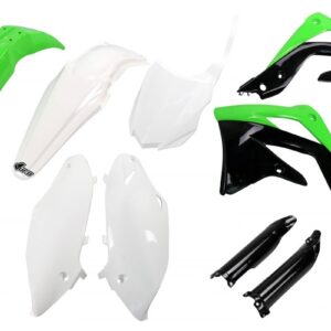 UFO KOMPLET PLASTIKÓW (FULL KIT) Z OSŁONAMI TELESKOPÓW (AMORTYZATORÓW) KAWASAKI KXF 450 '13-'15 KOLOR OEM (ZIELONY/BIAŁY/CZARNY) (KA220E999)