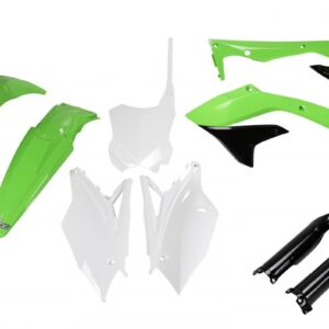 UFO KOMPLET PLASTIKÓW (FULL KIT) Z OSŁONAMI TELESKOPÓW (AMORTYZATORÓW) KAWASAKI KXF 450 '16-'17 KOLOR OEM (ZIELONY/BIAŁY/CZARNY) (KA223E999)