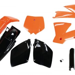UFO KOMPLET PLASTIKÓW (FULL KIT) Z OSŁONAMI TELESKOPÓW (AMORTYZATORÓW) KTM SX-SXF '01-'02 KOLOR OEM (POMARAŃCZOWY/CZARNY) (KT501E999)