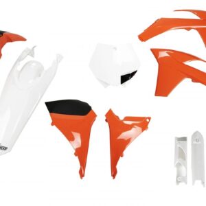 UFO KOMPLET PLASTIKÓW (FULL KIT) Z OSŁONAMI TELESKOPÓW (AMORTYZATORÓW) KTM SXF '11-'12, SX '12 KOLOR OEM (POMARAŃCZOWY/BIAŁY) (KT510E999)