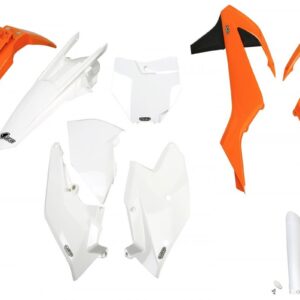 UFO KOMPLET PLASTIKÓW (FULL KIT) Z OSŁONAMI TELESKOPÓW (AMORTYZATORÓW) KTM SX/SXF '16-'18 (Z WYJĄTKIEM SX 250 '16), KOLOR OEM '16 (POMARAŃCZOWY/BIAŁY) (KT517E999)