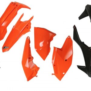 UFO KOMPLET PLASTIKÓW (FULL KIT) Z OSŁONAMI TELESKOPÓW (AMORTYZATORÓW) KTM EXC/EXC-F TPI '17-'19, KOLOR OEM '17 I '19 OEM (POMARAŃCZOWY/CZARNY) (KT518E999)