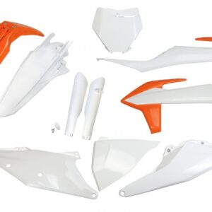 UFO KOMPLET PLASTIKÓW (FULL KIT) Z OSŁONAMI TELESKOPÓW (AMORTYZATORÓW) KTM SX 125/150/250 '19-'22, SXF (SX-F) 250/350/450 '19-'22 KOLOR OEM (POMARAŃCZOWY/BIAŁY) (KT522E999)